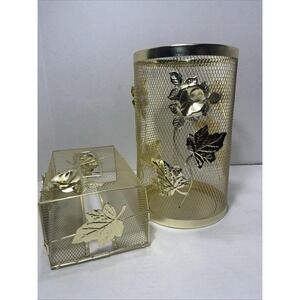 VTG Hollywood Regency Metal Mesh Floral Wastebasket And Tissue Box Cover MCM